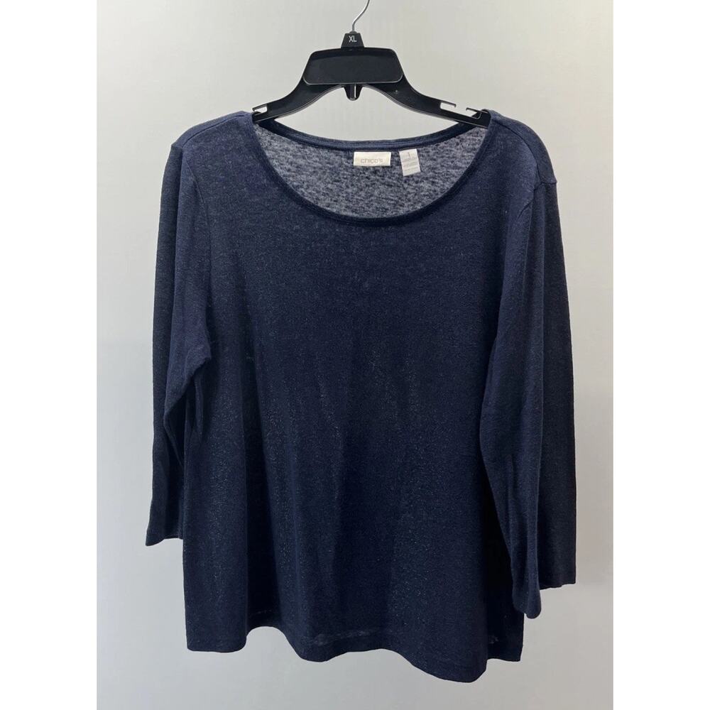 Chicos Size 1 Linen Blend Sweater Womens Medium Blue Metallic 3/4 Sleeve Spring